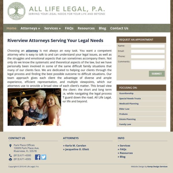 Legal Website design for All Life Legal, P.A. in Riverview, Florida. Easy to use attorney website that is mobile friendly and built on a WordPress platform