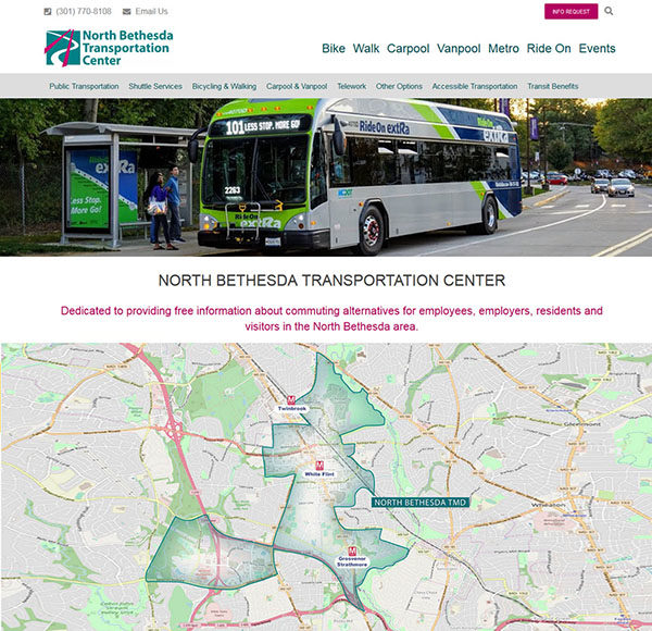 Government Agency Website for North Bethesda Transportation Center built by Kemp Design Services Features clean organization of a large number of information