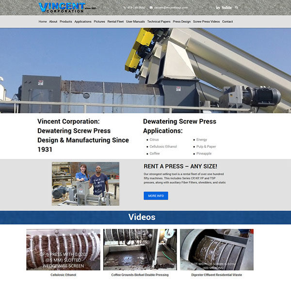Industrial Manufacturing Website Design for Vincent Corporation features hundreds of articles clean design and search engine friendly videos