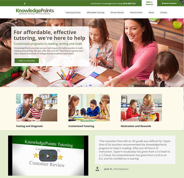 Tutoring Business website design for Knowledgepoints inFlorida. Features online bill pay button, multiple locations, franchise website